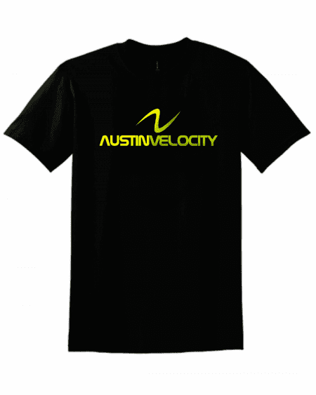 Black t-shirt displaying a neon yellow-green 'AUSTIN VELOCITY' logo with a curved swoosh above the text (front view).