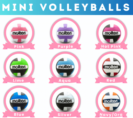 Grid of mini Molten volleyballs with color labels: Pink, Purple, Hot Pink; Lime, Aqua, Red; Blue, Silver, Navy/Olive, under a 'MINI VOLLEYBALLS' header.